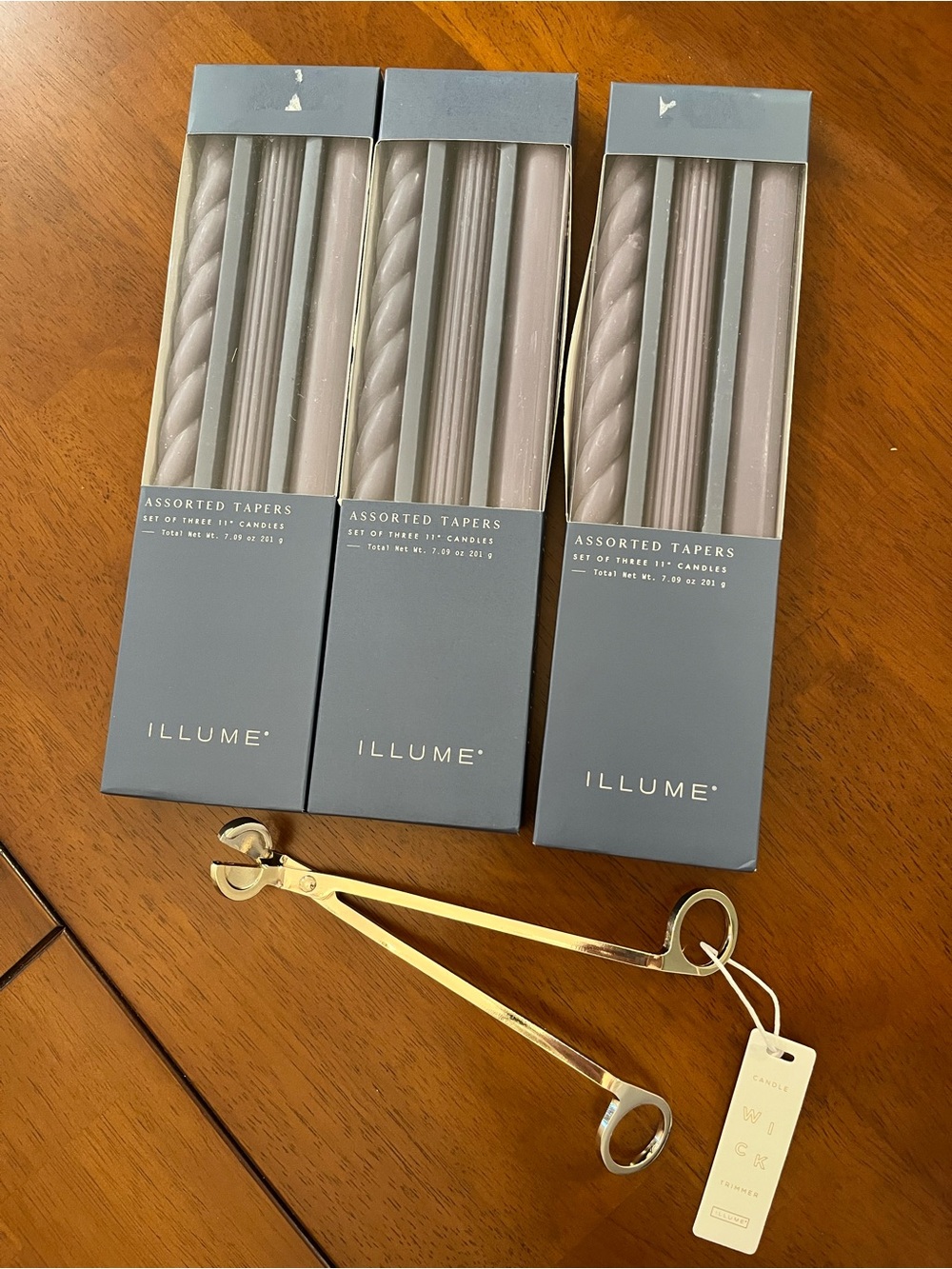 ILLUME Assorted Blue Taper Candles and Brass Candle Wick Trimmer (3 Boxes)